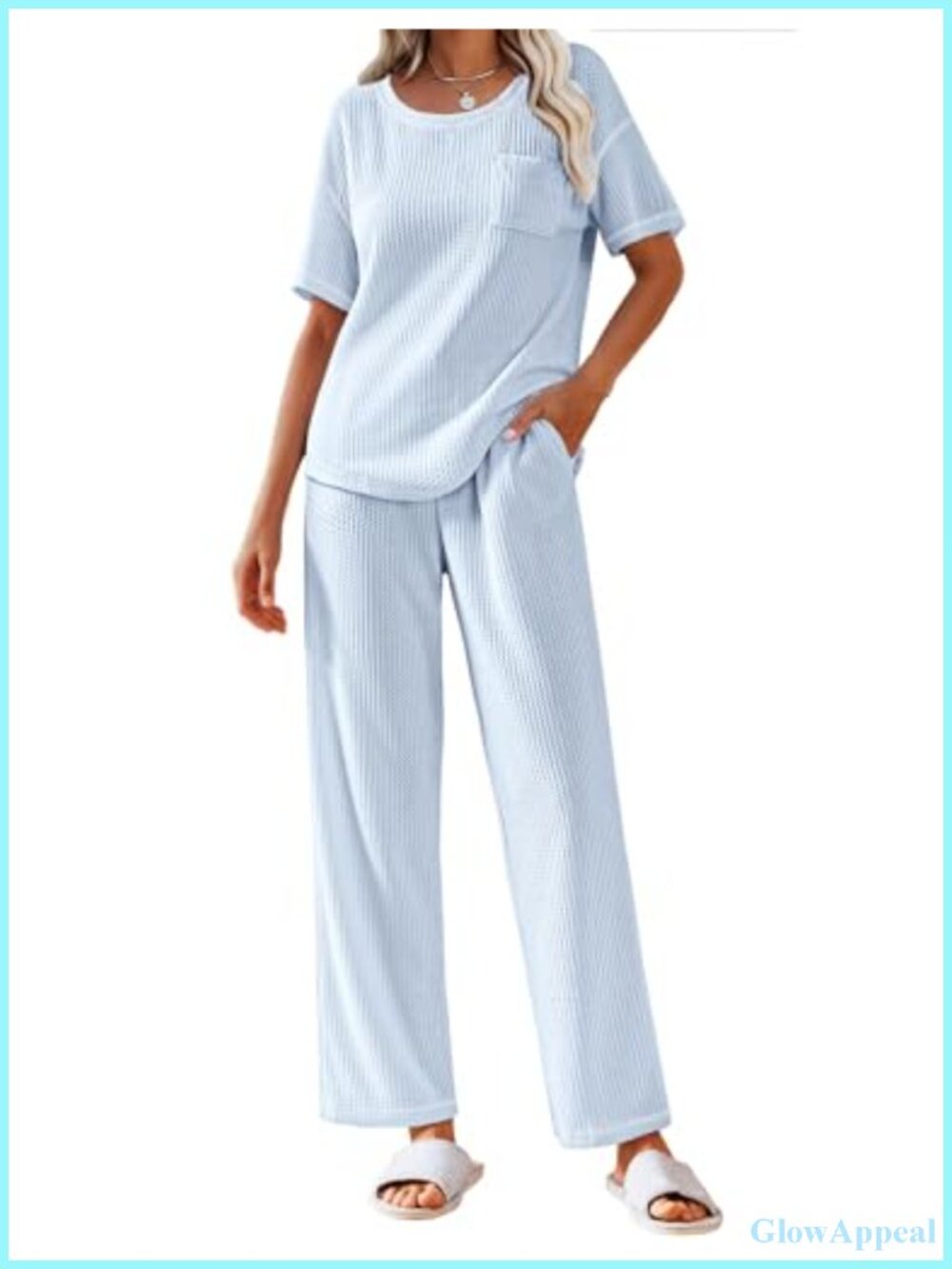 Waffle Knit Lounge Set 2 Piece Short Sleeve Top & Long Pants Pajama Set